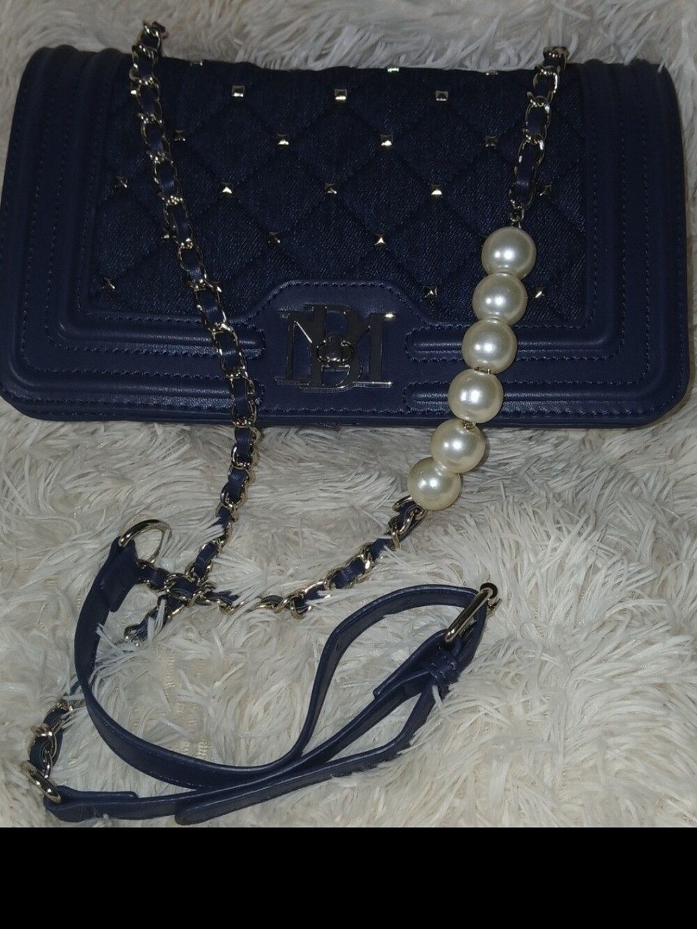 Badgley Mischka Vegan  Leather and Blue Denim quilted studded Cross Body bag